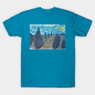 Starry night with Cypress trees T-Shirt